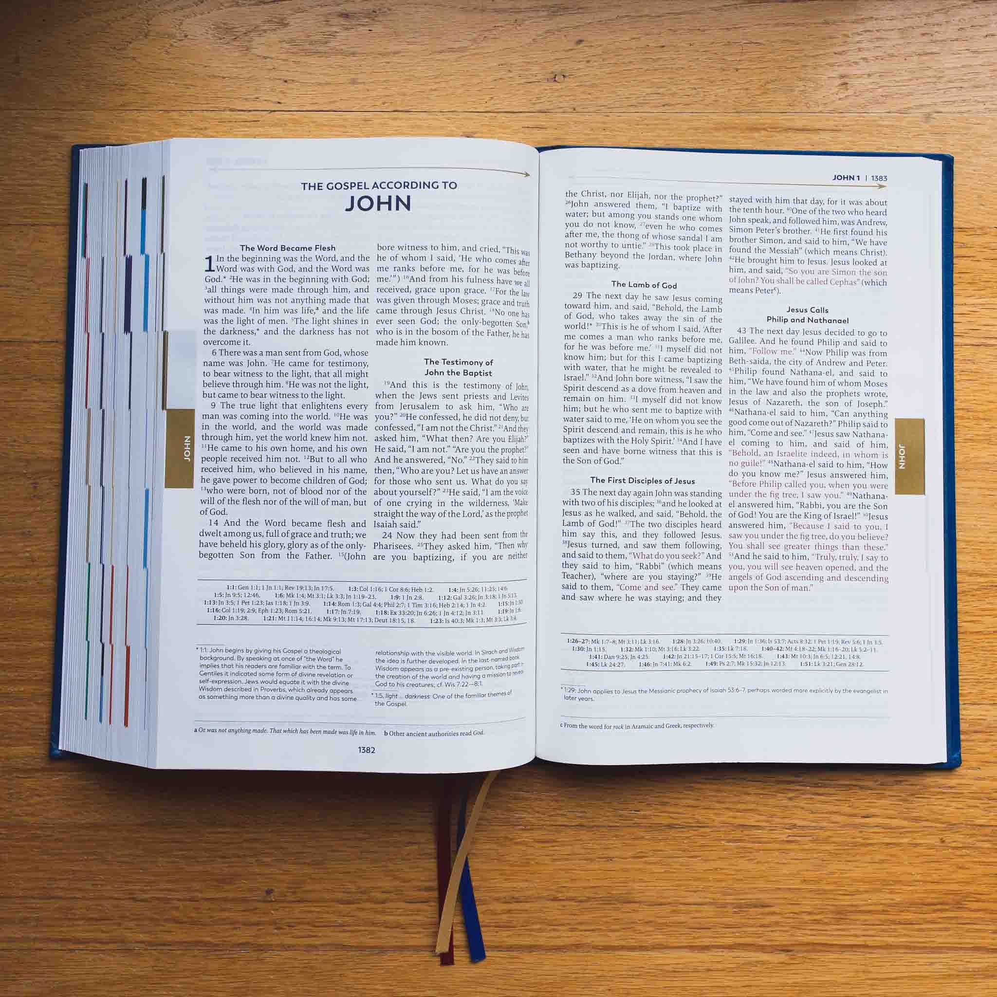 A sample page from John 6 of the Great Adventure Catholic Bible from Jeff Cavins and Ascension with a comparison between the original Bible and the Large Print Version.
