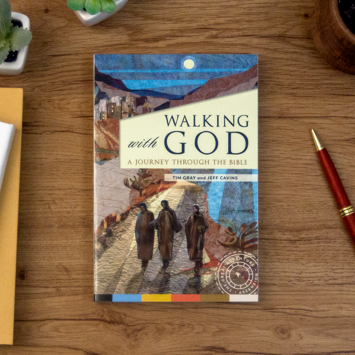 The Catholic book, Walking with God: A Journey through the Bible by Tim Gray and Jeff Cavins and published by Ascension, sitting on a wooden table. The cover depicts three people walking in the moonlight.